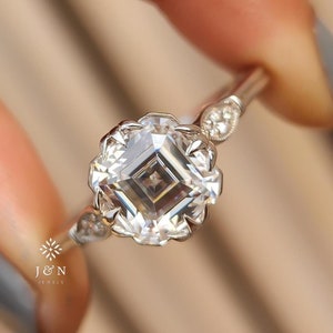 Vintage Asscher Cut Moissanite Engagement Ring in 14k Rose Gold Asscher Cut Diamond Wedding Ring Art deco Ring Anniversary For Women