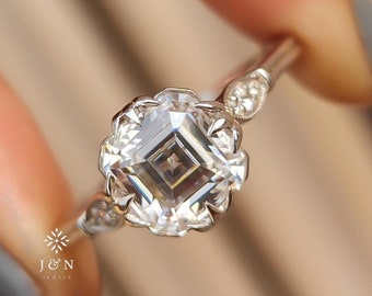 Vintage Asscher Cut Moissanite Engagement Ring in 14k Rose Gold Asscher Cut Diamond Wedding Ring Art deco Ring Anniversary For Women