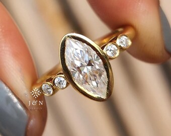 Bezel Marquise Cut Moissanite Engagement Ring Five Stone Ring Wedding Ring 14k Solid Gold Ring Marquise Cut Bezel Set Ring Proposal Ring