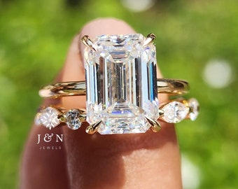 4CT Emerald Cut Diamond Engagement Ring Set 14k Gold Bridal Ring Set Wedding Band Side Stone Marquise & Round Cut Ring Anniversary Ring