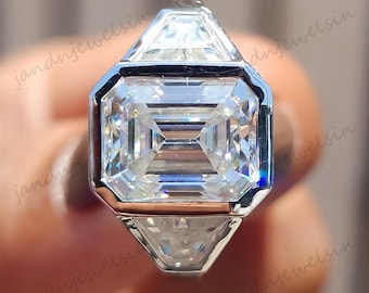 Three Stone Emerald Cut Moissanite Engagement Ring Side Stone Trapezoid Cut Ring 14k Gold Ring Wedding Ring promise Ring Proposal Ring