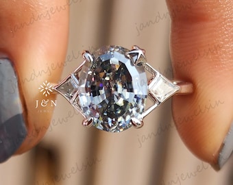 Three Stone 3CT Step Cut Gray Oval Engagement Moissanite Ring 14k Solid Gold Ring Anniversary Gifts Unique Gray Trilogy Ring Gifts For Wife