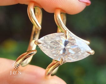 Marquise Cut Moissanite Diamond Ring 14K Gold Twist Bypass Statement Ring Unique Engagement Ring  Modern Promise Ring Gift for Her