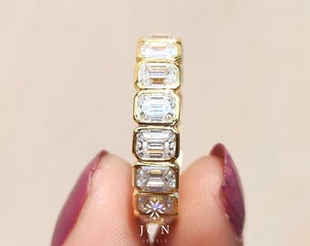 Bezel Set Full Eternity Band Emerald Cut Moissanite Engagement Band 14K Solid Yellow Gold Band Minimalist Wedding Stackable Band For Women