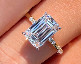 5CT Emerald Cut Moissanite Engagement Ring Emerald Cut Hidden Halo Ring For Women Anniversary Gifts 14k White Gold Ring Christmas Gift