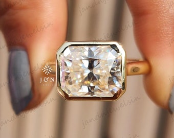 5CT Radiant Cut East West Moissanite Engagement Ring Bezel Set 14K Solid Gold Wedding Ring Horizontal Ring Solitaire Anniversary Ring