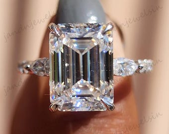 Three Stone Emerald Cut Moissanite Engagement Ring 14k Gold Ring Wedding Ring Anniversary Rings For Her Emerald Distance Pave Ring
