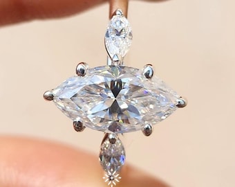 Marquise Moissanite Engagement Ring Three Stone Anniversary Ring Moissanite Wedding Ring 14K Solid Gold Unique Bridal Moissanite Ring