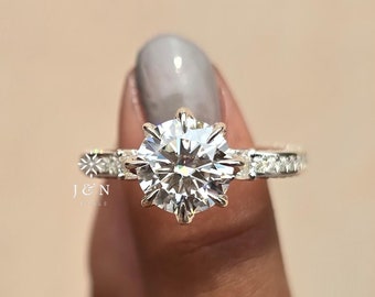 Round Cut Moissanite Engagement Ring Three Stone Tulip Setting Ring 14K Solid Gold Wedding Ring For Her Anniversary Gift Pave Band Ring