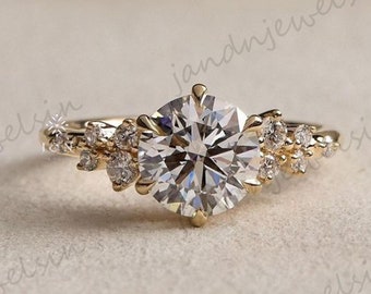 Cluster Engagement Ring Vintage Solid 14K Yellow gold Unique Moissanite Engagement Ring Women Diamond Wedding Bridal Anniversary Ring