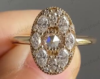 Oval Moissanite Diamond Cluster Ring 14K Gold Vintage Style Engagement Ring Sparkling Halo Design Wedding Ring For Her Anniversary Rings