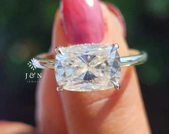 3CT Elongated Cushion Cut Moissanite East-West Solitaire Ring With Hidden Halo 14k Gold Ring Unique Wedding Ring For Her Anniversary Gifts