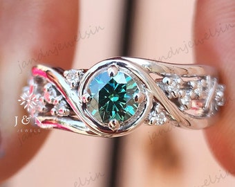 Cyan Blue Moissanite Engagement Ring Round Cut Diamond Wedding Ring Vintage Infinity Ring 14K Solid Gold Ring Anniversary Gift For Her