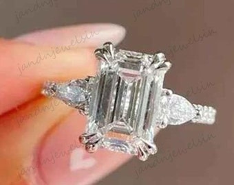 3CT Emerald Cut Moissanite Three Stone Engagement Ring with Pear Side Stones Hidden Halo 14K Gold Wedding Ring Unique Anniversary Gifts