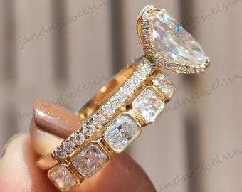 Radiant Cut Diamond Engagement Ring Set Yellow Gold Wedding Band Bridal Set 3CT Moissanite Ring Jewelry Anniversary Gift for Her Custom Ring