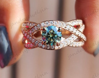 Cyan Blue Moissanite Ring Round Cut Diamond Infinity Engagement Ring Solid Rose Gold Elegant Proposal Ring Unique Anniversary Ring for Women