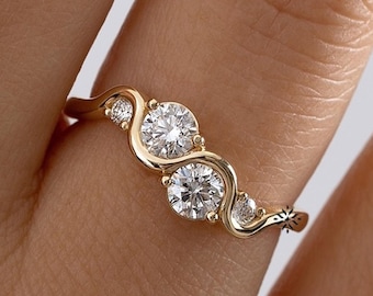Wave Diamond Engagement Ring 14k Gold 3 Stone Bridal Ring Unique Twist Design Wedding Ring Promise Ring Christmas Gift