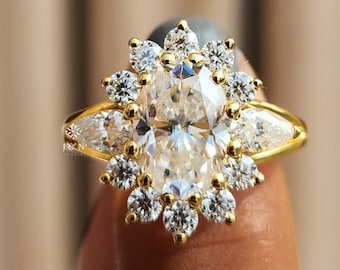 Oval Moissanite Cluster Ring Floral Halo Engagement Ring 14K Gold Statement Ring Vintage Inspired Wedding Ring Unique Gift for Her
