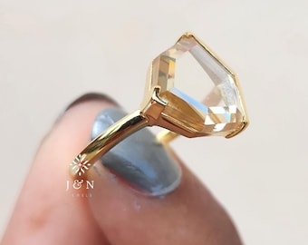 East West Champagne Portrait Cut Moissanite Engagement Ring East West Bezel Set Shield Shape Wedding Ring 14K Solid Gold Anniversary Gifts