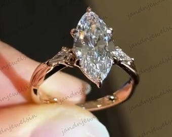 Marquise Cut Moissanite Engagement Ring 14K Rose Gold Unique Solitaire Ring Vintage Inspired Wedding Anniversary Promise Ring for Women