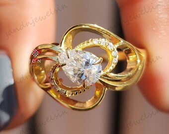 Pear Cut Moissanite Engagement Ring Vintage Inspired Swirl Design Unique Engagement Ring for Her 14K Yellow Gold Statement Ring Promise Ring
