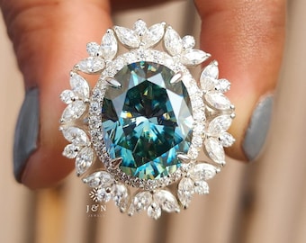 Cyan Blue Oval Moissanite Engagement Ring Vintage Star Brust Double Halo Wedding Ring 18k Solid Gold Anniversary Ring Promise Ring For Her