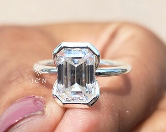 2CT Emerald Cut Engagement Ring Half Bezel Set Colorless Moissanite Diamond Ring Solitaire Solid Gold Wedding Ring Anniversary Ring For Her