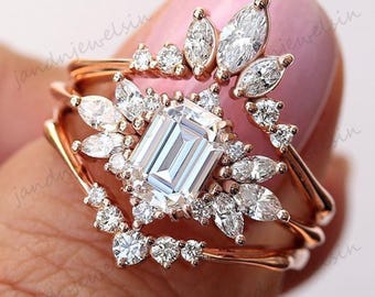 Emerald Cut Moissanite Engagement Ring Set 14k Rose Gold Marquise & Round Moissanite Halo Bridal Set Vintage Art Deco Wedding Ring Set
