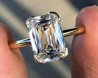 Criss Cut Moissanite Engagement Ring 14k Gold Solitaire Hidden Halo Ring Unique Bridal Ring Vintage Ring Classic Wedding Ring Gift for Her