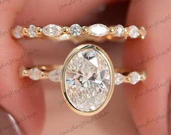 2CT Oval Cut Bezel Moissanite Engagement Ring Set Vintage Wedding Ring Set with Side Stone Marquise & Round Matching Band Stacking Ring Set