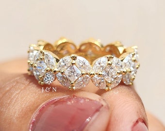 6MM Full Eternity Wedding Band Marquise And Princess Cut Moissanite Diamond Wedding Band For Women Anniversary Band Stackable Band Gifts Her