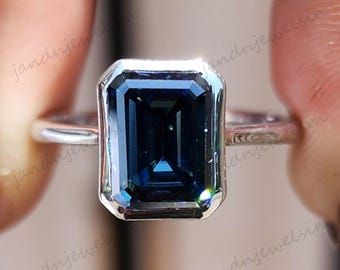 2.5CT Royal Blue Emerald Cut Moissanite Engagement Ring Bezel Set Solitaire Ring Minimalist 14k Gold Wedding Ring Unique Ring for Her