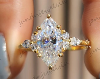 Marquise Cut Cluster Engagement Ring Moissanite Diamond Wedding Ring 14K Solid Gold Anniversary Ring Marquise Promise Ring Gift Ring