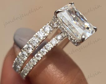 4CT Radiant Cut Moissanite Engagement Ring Set Hidden Halo Bridal Ring Set 14K Solids Gold Ring Wedding Ring Set Anniversary Gift For Women