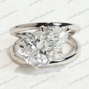 2CT Pear Cut Moissanite Engagement Ring Unique Split Shank Wedding Ring 14k Gold Double Shank Proposal Ring Antique Solitaire Bridal Ring
