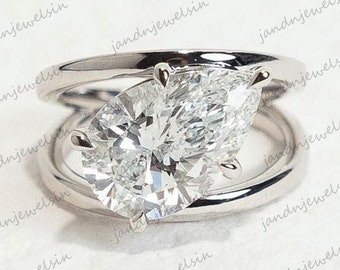2CT Pear Cut Moissanite Engagement Ring Unique Split Shank Wedding Ring 14k Gold Double Shank Proposal Ring Antique Solitaire Bridal Ring