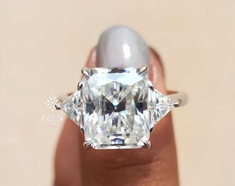 Three Stone Radiant Cut Moissanite Engagement Ring Unique Setting Ring 14K Solid Gold Ring 3 Stone Ring Side Stone Trapezoid Promise Ring