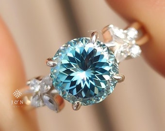 2CT Cyan Blue Portuguese Cut Moissanite Ring Nature Inspire Unique Engagement Solitaire Ring 14k Gold Wedding Ring Anniversary Gift For Her