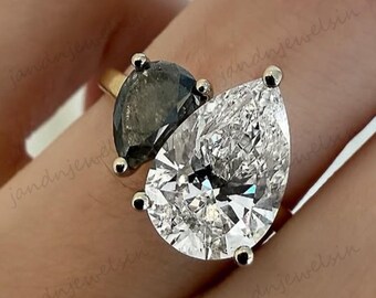 Pear Shaped Moissanite and Salt & Pepper Diamond Ring Two Stone Engagement Ring Toi et Moi Ring Unique 14k Gold Bridal Gift for Her