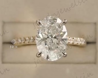 3CT Oval Moissanite Engagement Ring 14K Gold Solitaire Hidden Halo Ring Pave Band Wedding Ring Anniversary Gift for Her Proposal Ring