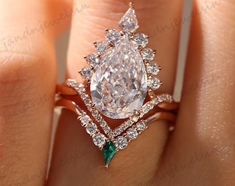 3CT Pear Moissanite Engagement Ring Set 14K Gold Ring Bridal Set Nature Inspired Floral Wedding Ring Unique Promise Ring Anniversary Gifts
