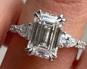 3CT Emerald Cut Three Stone Moissanite Engagement Ring 14K Gold Double Prong Emerald Ring Unique Wedding Anniversary Promise Ring for Women