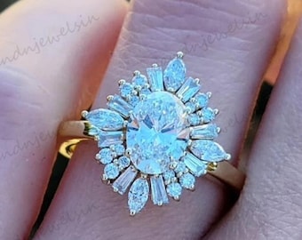 Starburst Oval Moissanite Engagement Ring Oval Cut Diamond Vintage Art Deco Ring 14k Gold Wedding Ring Oval Unique Ring Anniversary Ring