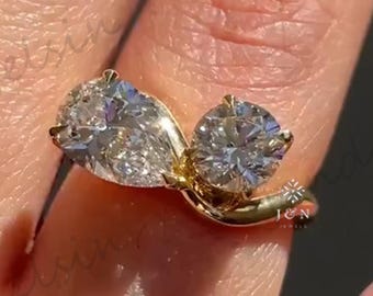 Round & Pear Cut Moissanite Toi et Moi Engagement Ring 14K Gold Unique Two Stone Bypass Ring Bridal Ring Anniversary Gift Promise Ring