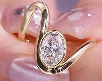 Oval Moissanite Bypass Ring 14K Gold Modern Bezel Set Engagement Ring Unique Twist Design Promise Ring Minimalist Wedding Ring for Her