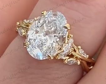 Floral Oval Moissanite Engagement Ring Vintage 14K Gold Moissanite Diamond Wedding Ring Nature Inspire Ring Promise Ring For Women
