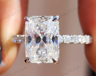 4CT Radiant Cut Hidden Halo Moissanite Engagement Ring 14K Solid Gold Pave Band Diamond Wedding Ring Unique Anniversary Gift For Women