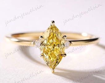 Yellow Marquise Moissanite Diamond Ring Fancy Vivid Marquise Cut Moissanite 14k Gold Engagement Ring Unique Minimalist Bridal Jewelry Gift