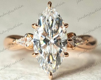 3CT Marquise Cut Moissanite Three Stone Engagement Ring with Kite Side Stones 14K Gold Wedding Ring Unique Promise Ring Anniversary Gifts