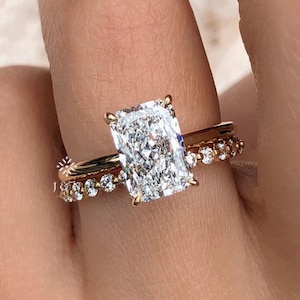 3CT Radiant Cut Moissanite Ring Set 14k Gold Bridal Engagement & Wedding Ring Set Anniversary Ring Set Radiant Cut Bridal Ring Set